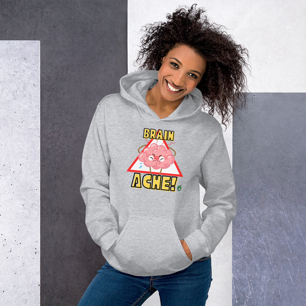 A woman standing wearing a grey hoodie with a printed graphic of a brain with the words, Brain Ache. Designed by Wizard Prints.