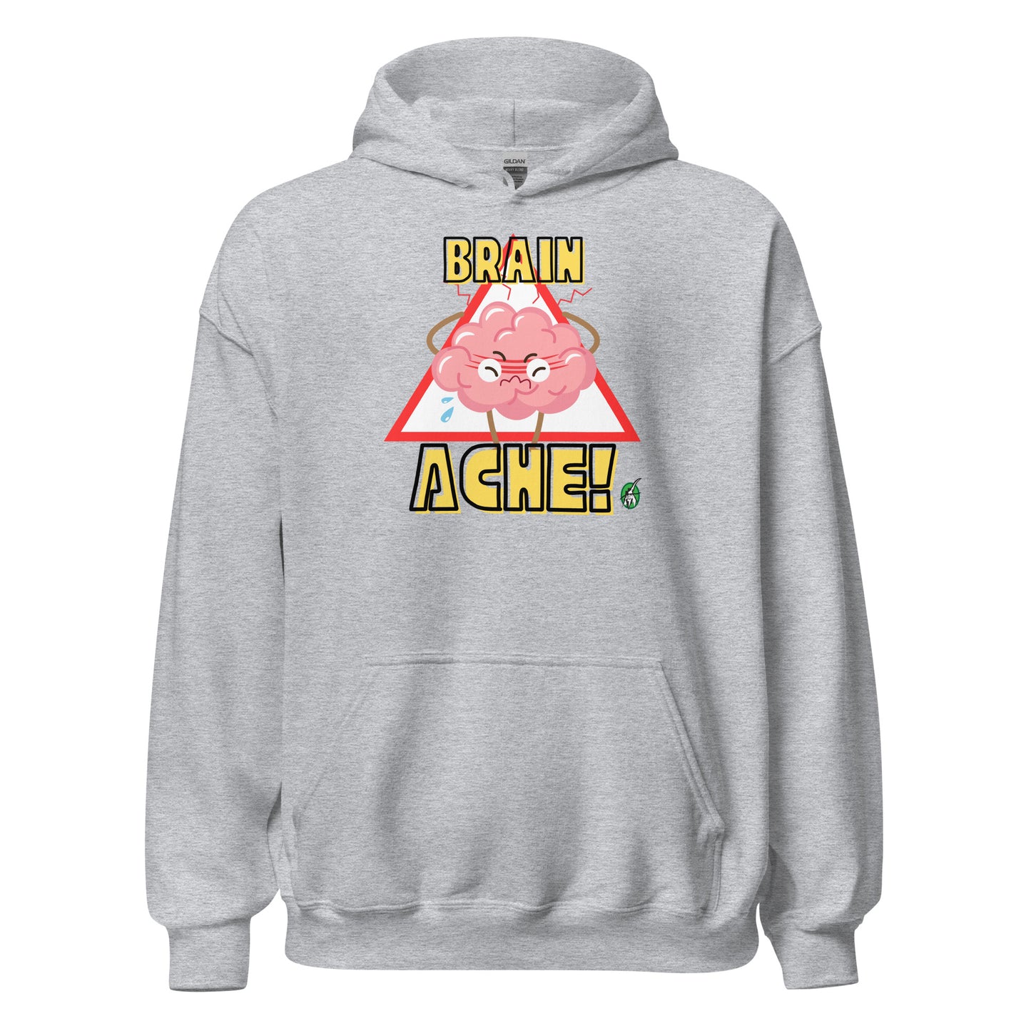 Women's grey hoodie with a printed graphic of a brain with the words, Brain Ache. Designed by Wizard Prints.