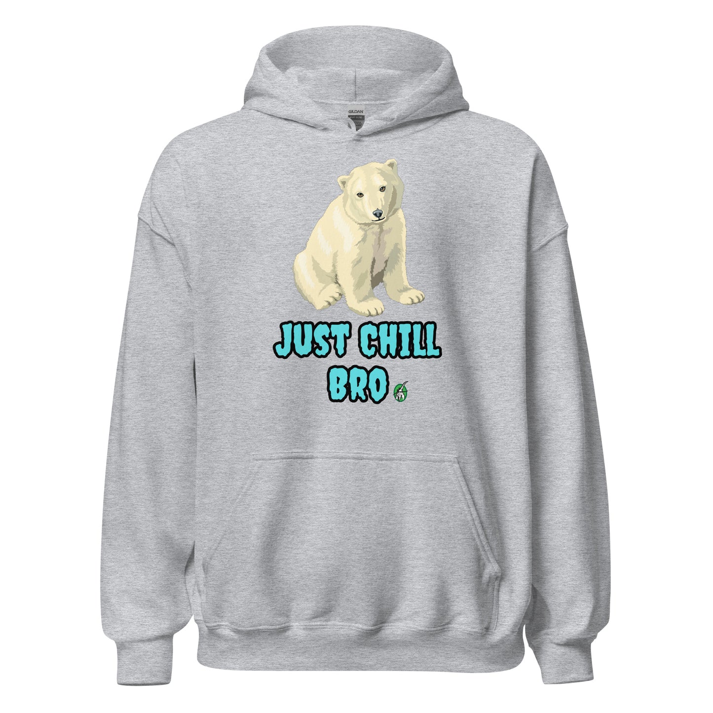 Women's grey hoodie with a printed graphic of a bear with the words, 'Just Chill Bro'. Designed by Wizard Prints.