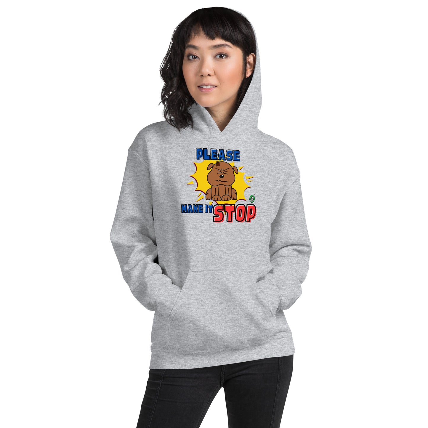 A woman standing wearing a grey hoodie with a printed graphic of a frowning dog with the words, Please Make It Stop. Designed by Wizard Prints.