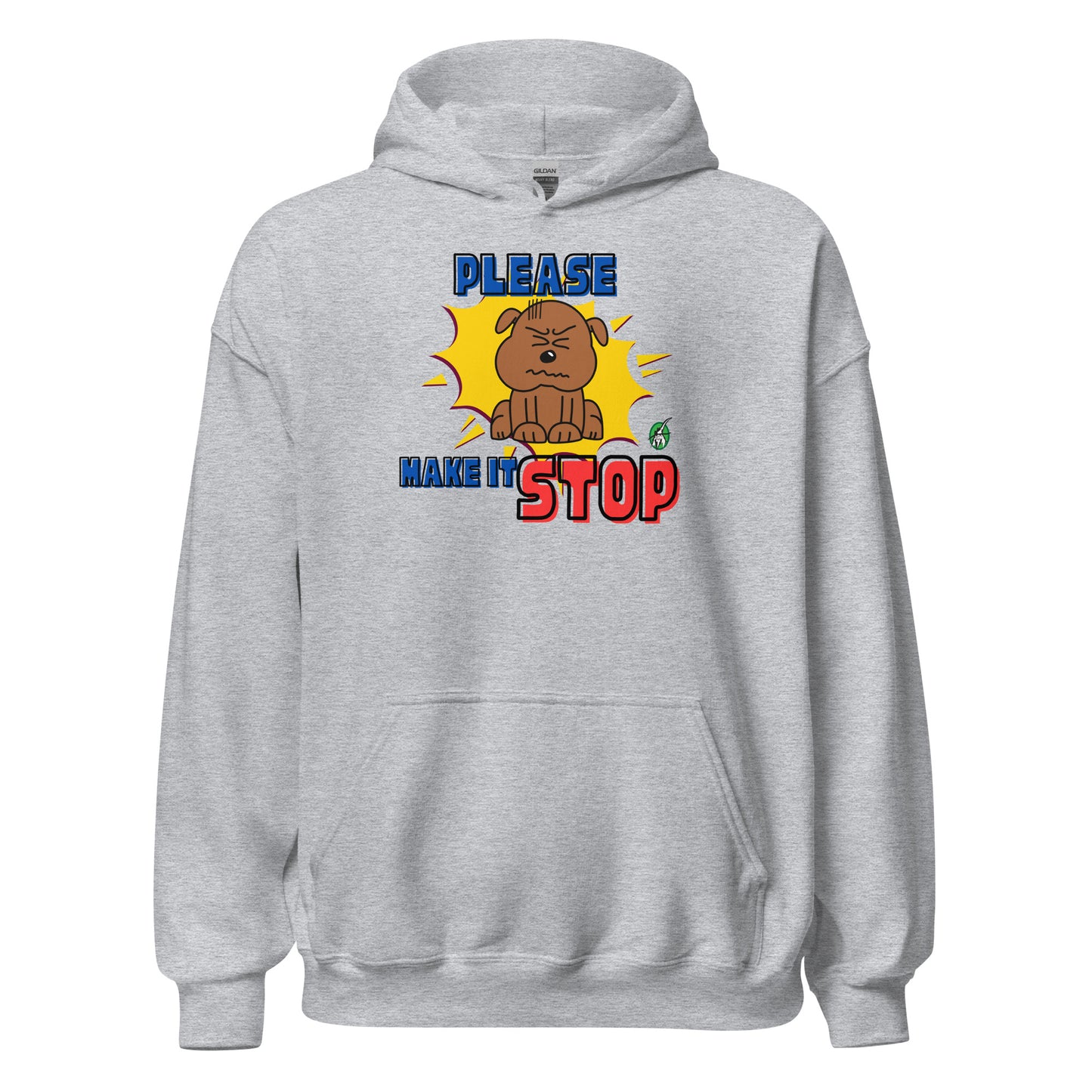 Women's grey hoodie with a printed graphic of a frowning dog with the words, Please Make It Stop. Designed by Wizard Prints.