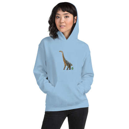 A woman standing wearing a light blue hoodie with a printed graphic of a life like dinosaur, designed by Wizard Prints