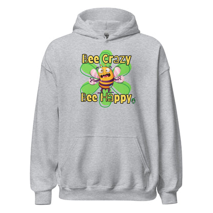 Women's light grey hoodie with a printed graphic of a bee with the words, 'Bee Crazy Bee Happy'. Designed by Wizard Prints.