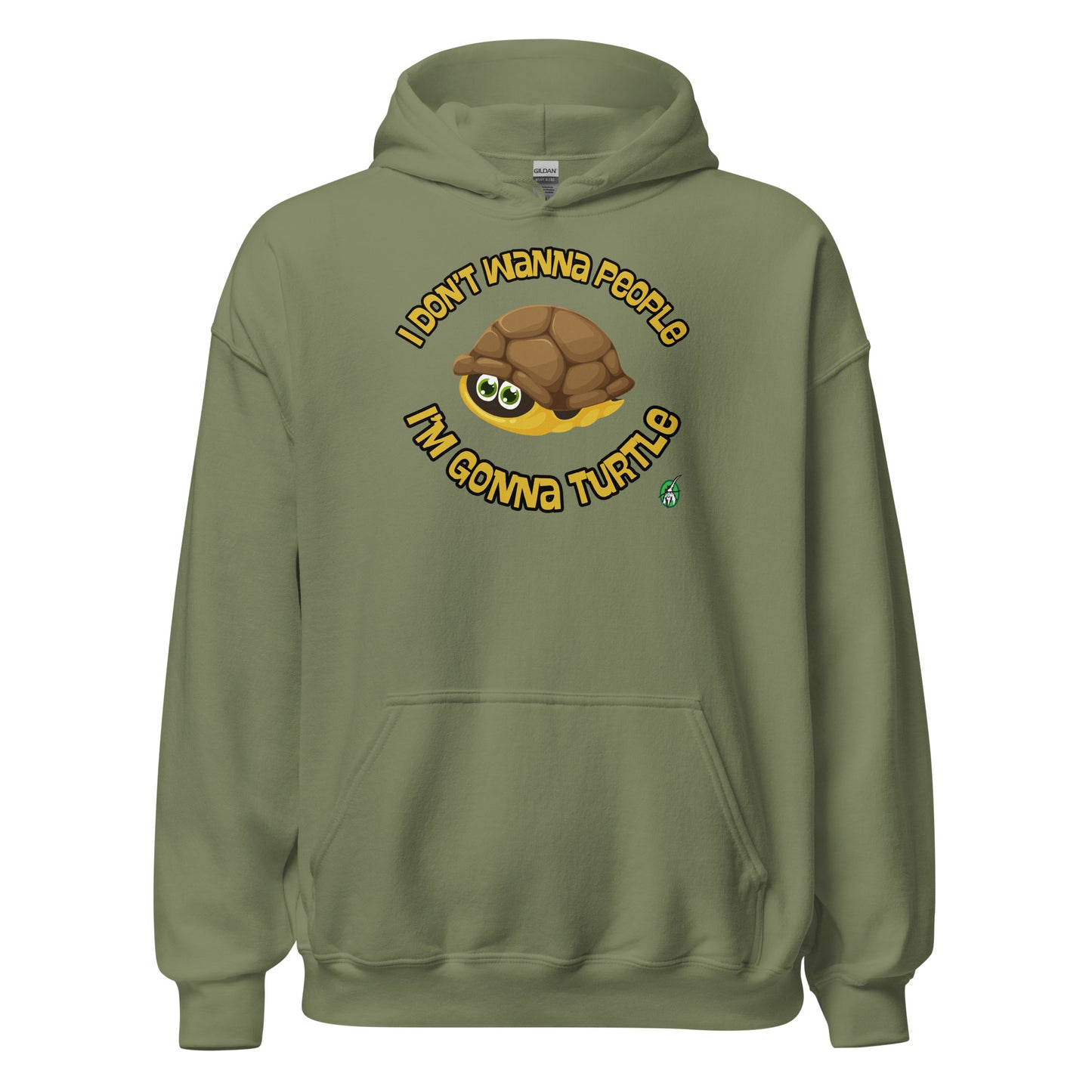 Women's military green hoodie with a printed graphic of a turtle with the words, 'I Don't Wanna People, I'm Gonna Turtle'. Designed by Wizard Prints.