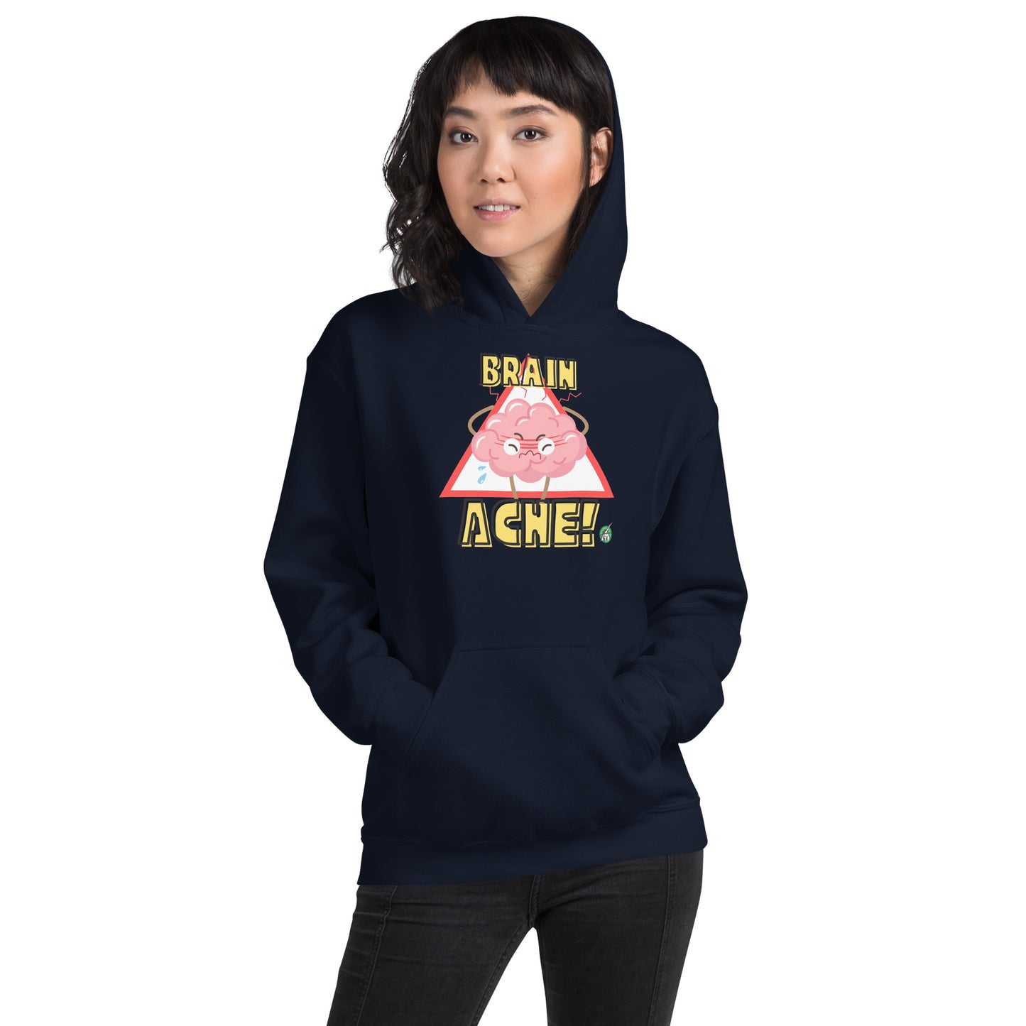 A woman standing wearing a navy hoodie with a printed graphic of a brain with the words, Brain Ache. Designed by Wizard Prints.