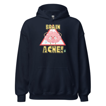 Women's navy hoodie with a printed graphic of a brain with the words, Brain Ache. Designed by Wizard Prints.