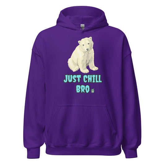 Women's purple hoodie with a printed graphic of a bear with the words, 'Just Chill Bro'. Designed by Wizard Prints.