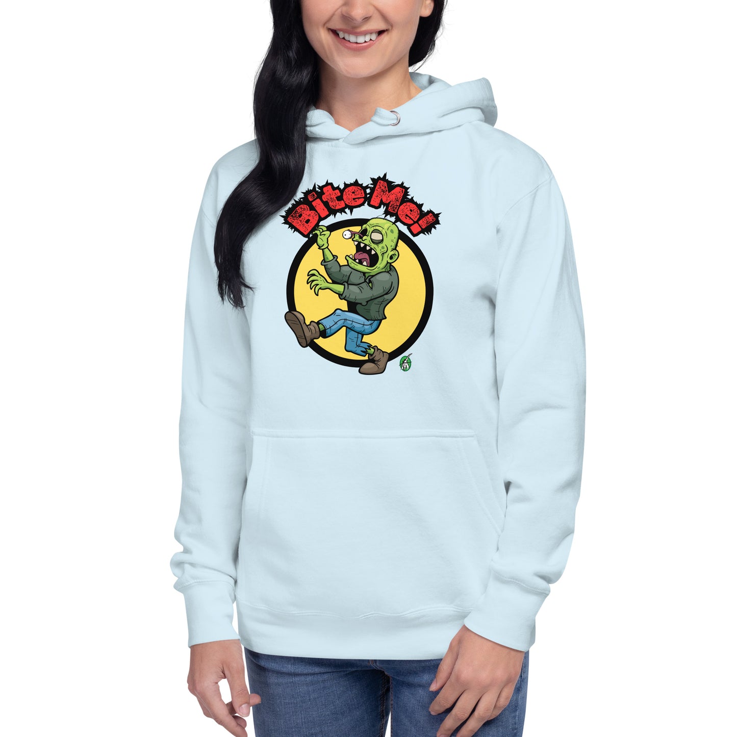 A woman standing wearing a sky blue hoodie with the printed graphic of a zombie with the words, Bite Me'. Designed by Wizard Prints.