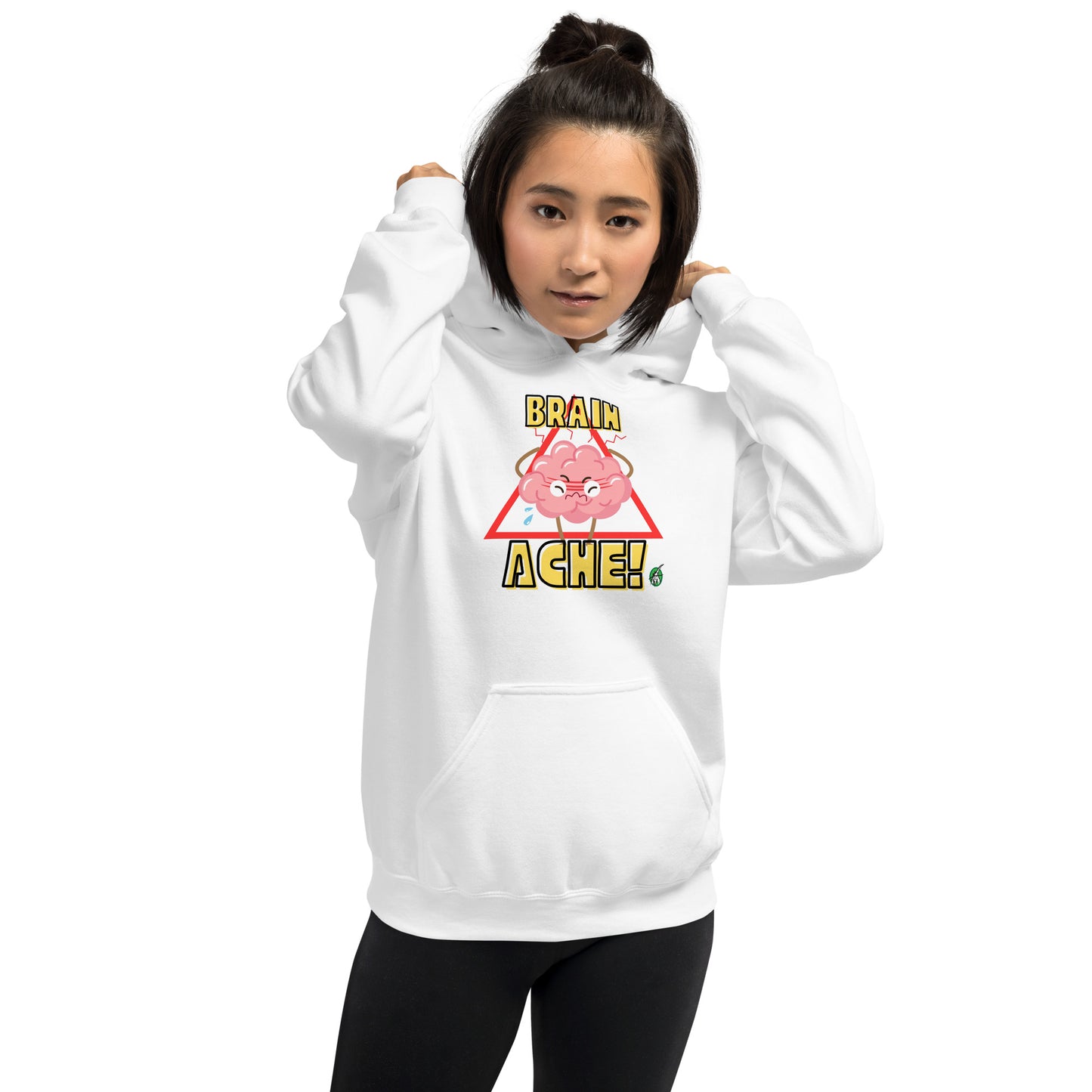 A woman standing wearing a white hoodie with a printed graphic of a brain with the words, Brain Ache. Designed by Wizard Prints.