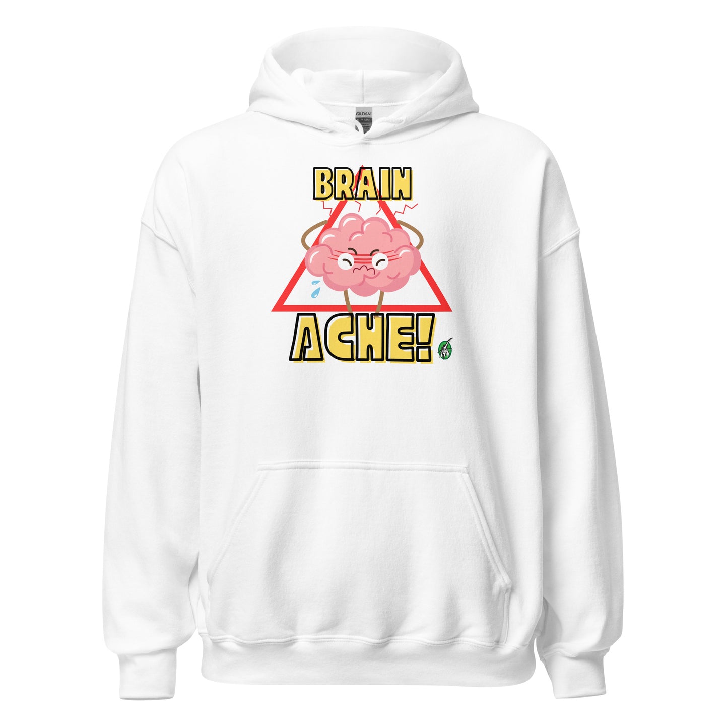 Women's white hoodie with a printed graphic of a brain with the words, Brain Ache. Designed by Wizard Prints.