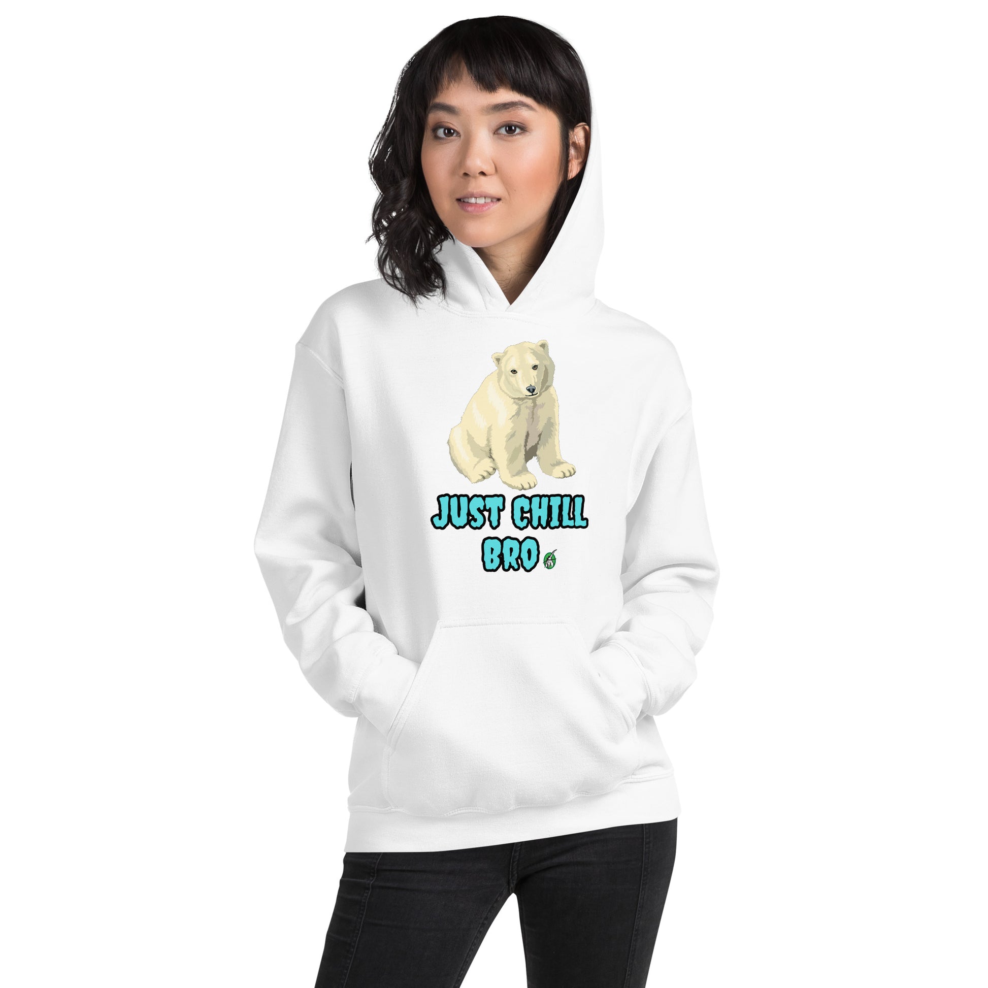 A woman standing wearing a white hoodie with a printed graphic of a bear with the words, 'Just Chill Bro'. Designed by Wizard Prints.