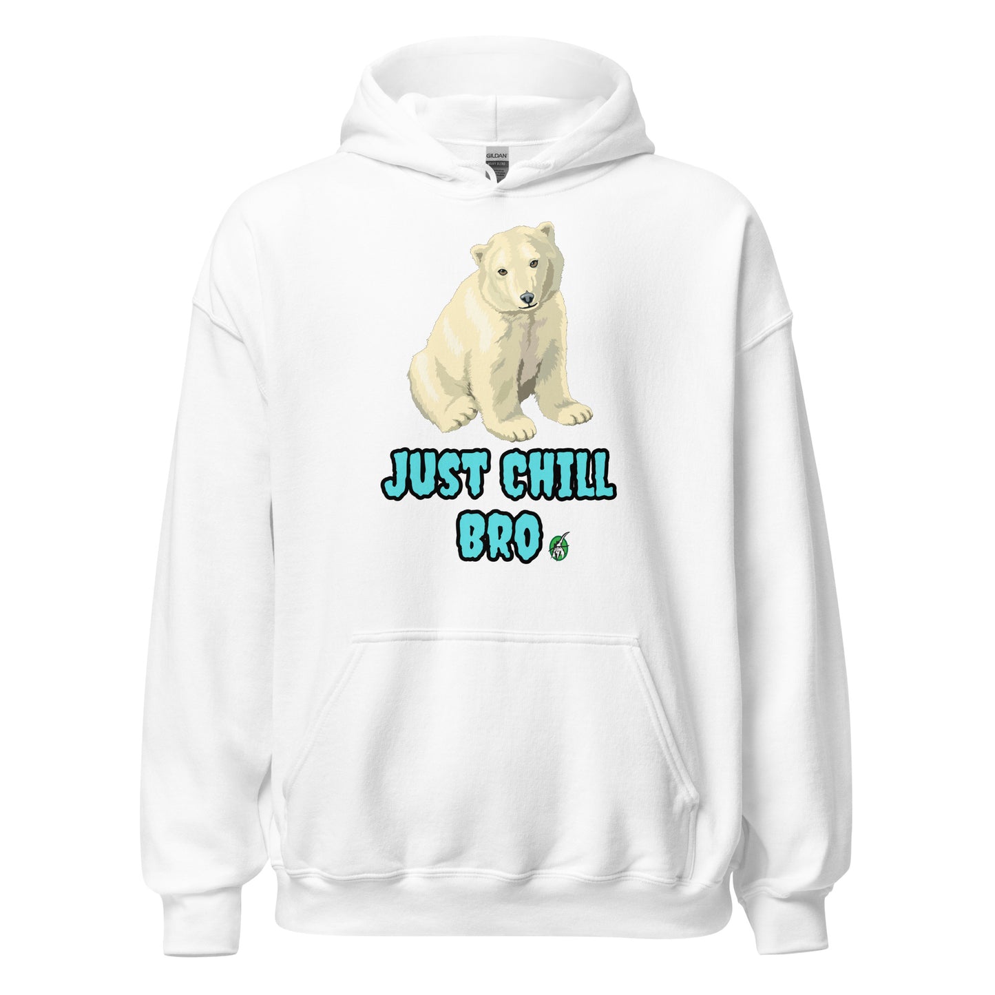 Women's white hoodie with a printed graphic of a bear with the words, 'Just Chill Bro'. Designed by Wizard Prints.