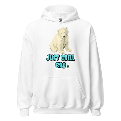Women's white hoodie with a printed graphic of a bear with the words, 'Just Chill Bro'. Designed by Wizard Prints.