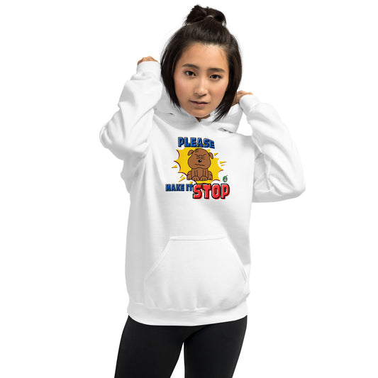 A woman standing wearing a white hoodie with a printed graphic of a frowning dog with the words, Please Make It Stop. Designed by Wizard Prints.