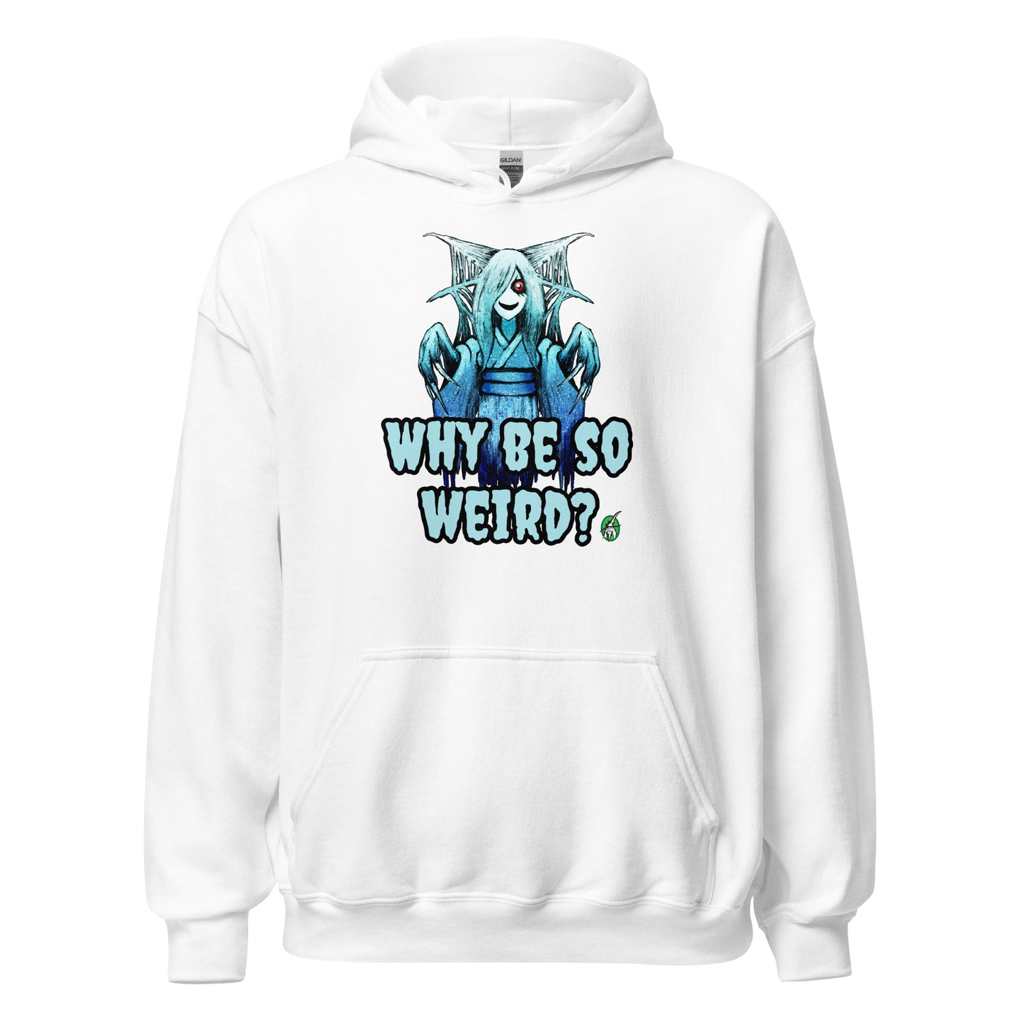 Women's white hoodie with a printed graphic of a blue ghost girl with the words, 'Why Be So Weird?'. Designed by Wizard Prints.