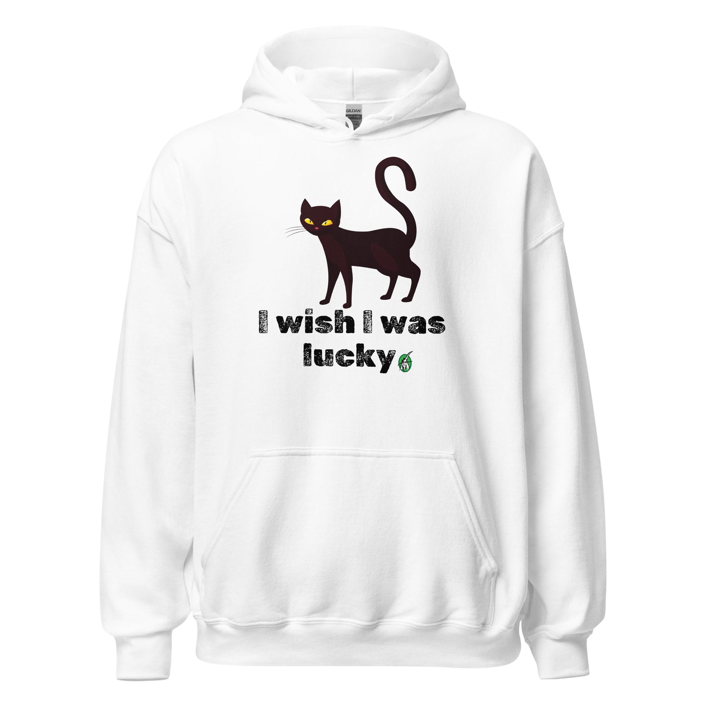 Women's white hoodie with a printed graphic of a cat with the words, 'I wish I was lucky'. Designed by Wizard Prints.