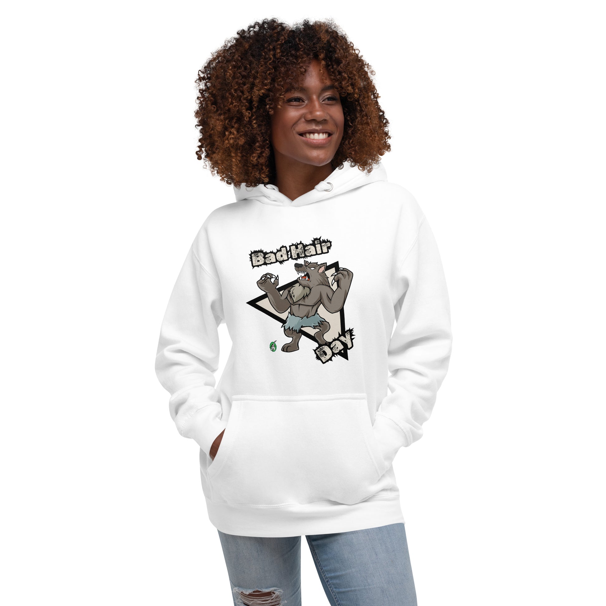 A woman standing wearing a white hoodie with a printed graphic of a werewolf with the words, Bad Hair Day. Designed by Wizard Prints