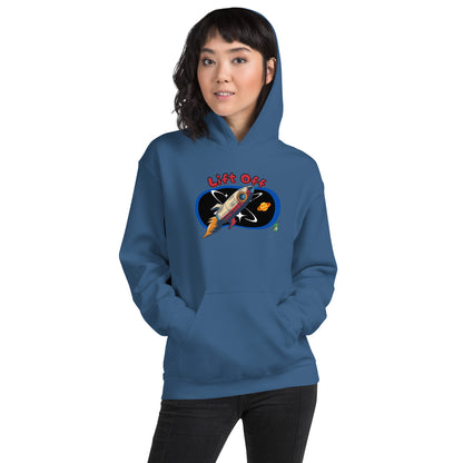 A woman standing wearing an indigo hoodie with a printed graphic of a rocket and the words, Lift Off. Designed by Wizard Prints.