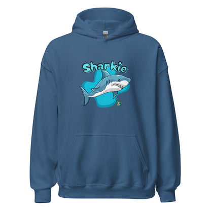 Women's indigo hoodie with a printed graphic of a cartoon shark and the word, Sharkie. Designed by Wizard Prints.