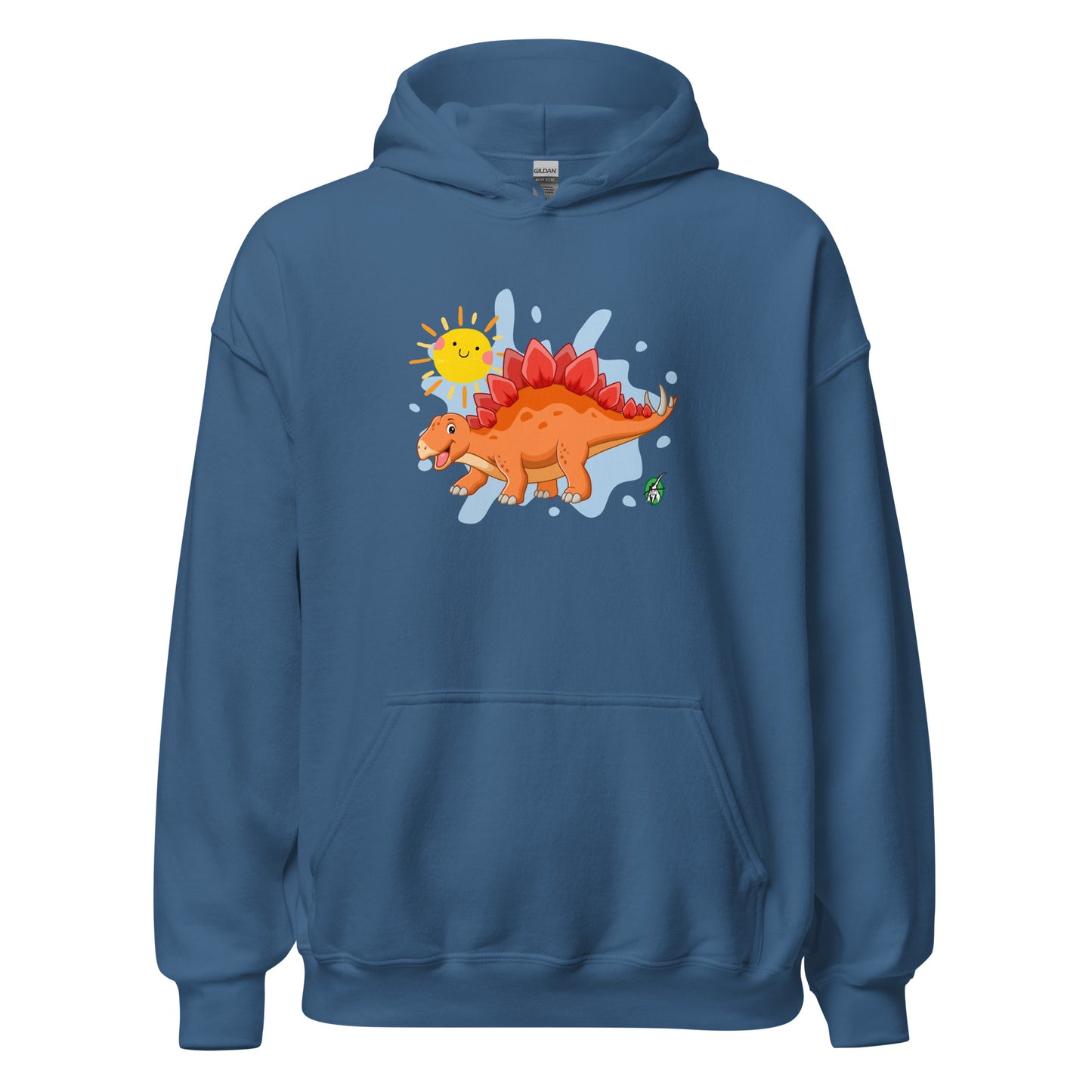 Women's indigo hoodie with the printed graphic of an orange cartoon dinosaur and the sun, by Wizard Prints.