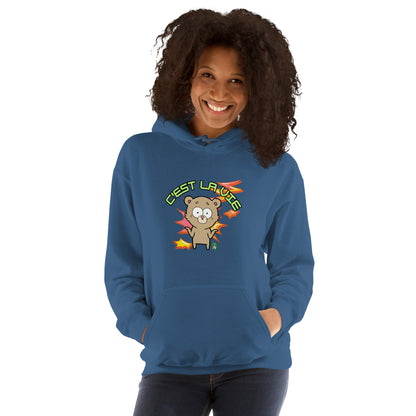 A woman standing wearing an indigo hoodie by Wizard Prints featuring a printed graphic of a shrugging cartoon bear and the words, C'est La Vie.