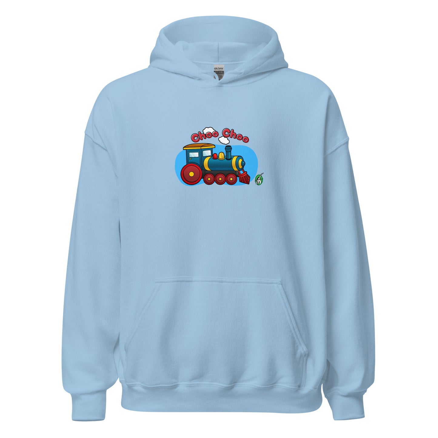 Women's light blue hoodie with a printed graphic of a cartoon train and the words 'Choo Choo'. Designed by Wizard Prints