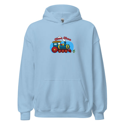 Women's light blue hoodie with a printed graphic of a cartoon train and the words 'Choo Choo'. Designed by Wizard Prints