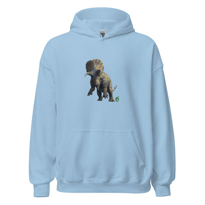 Women's light blue hoodie with a printed graphic of a life like dinosaur. Designed by Wizard Prints.