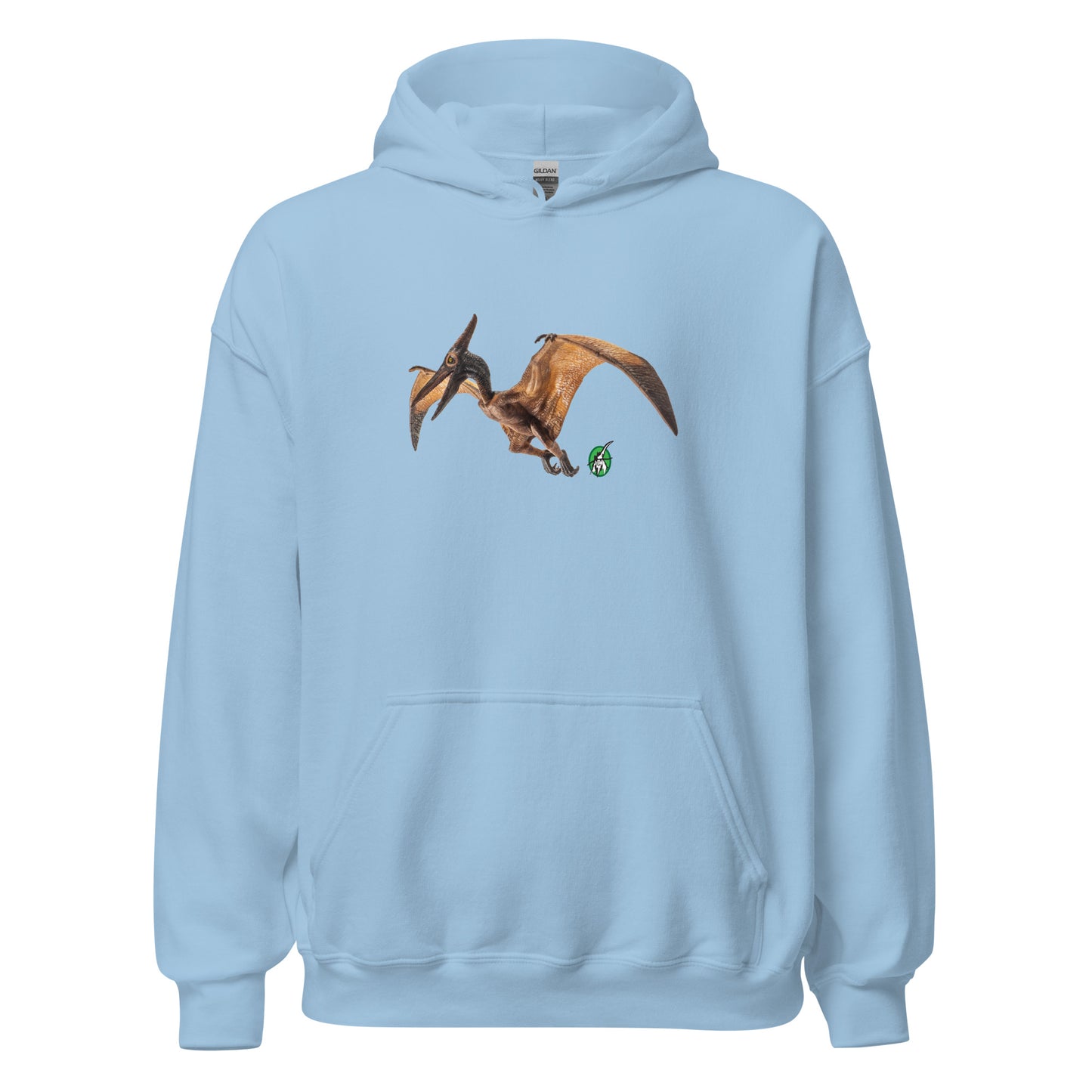 Women's light blue hoodie with a printed graphic of a life like pterodactyl dinosaur. Designed by Wizard Prints.