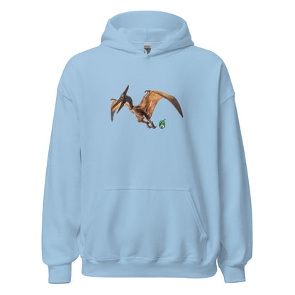 Women's light blue hoodie with a printed graphic of a life like pterodactyl dinosaur. Designed by Wizard Prints.