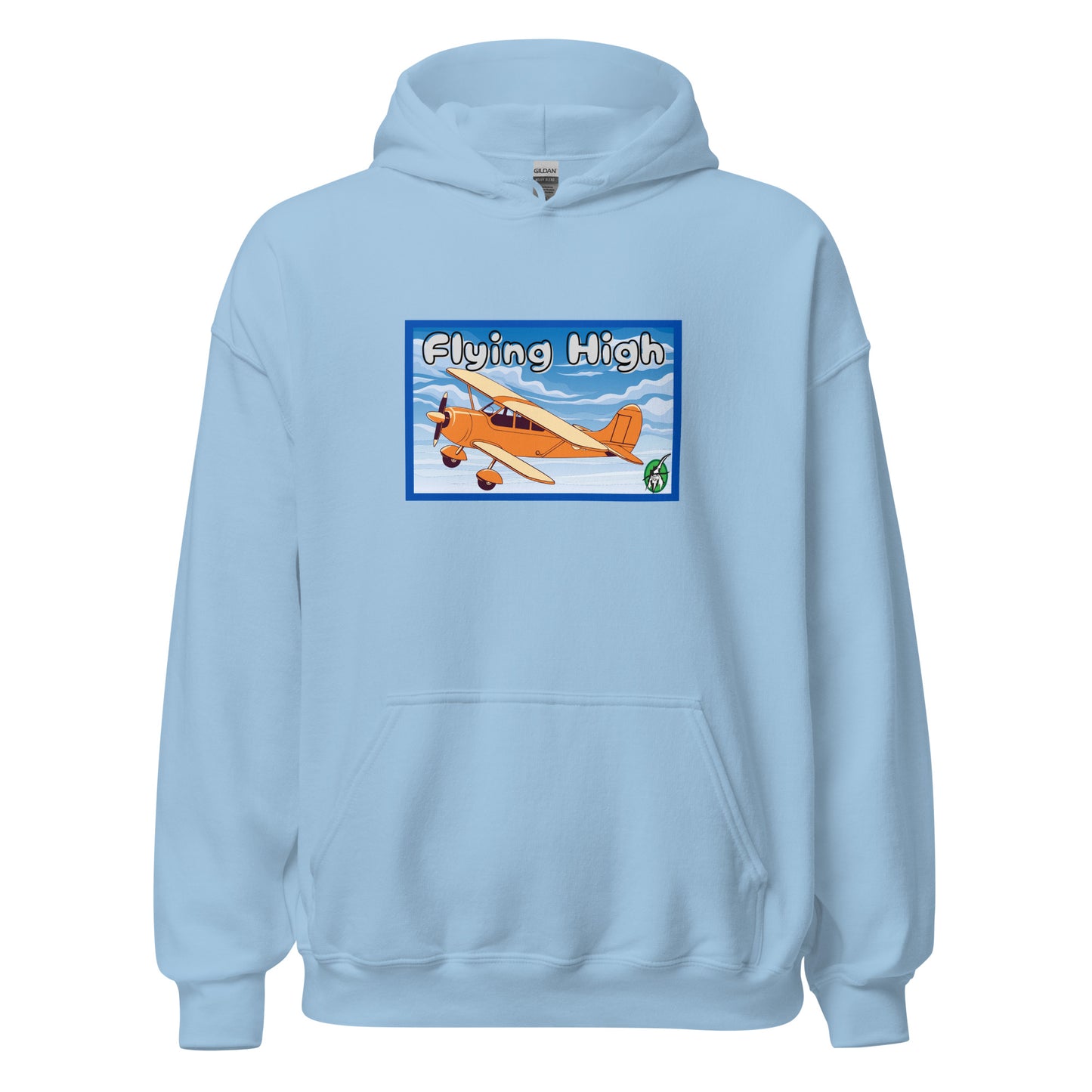 Women's light blue hoodie with the printed graphic of a vintage airplane and the words, Flying High, by Wizard Prints