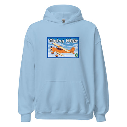 Women's light blue hoodie with the printed graphic of a vintage airplane and the words, Flying High, by Wizard Prints