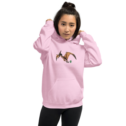 A woman standing wearing a light pink hoodie with a printed graphic of a life like pterodactyl dinosaur. Designed by Wizard Prints.