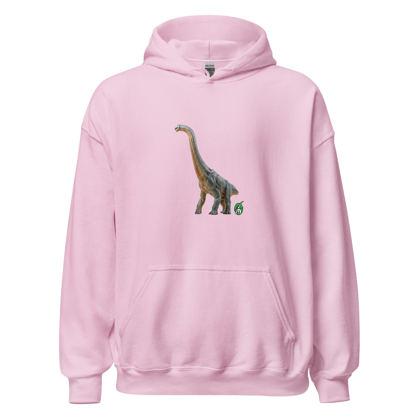 Women's light pink hoodie with a printed graphic of a life like dinosaur, designed by Wizard Prints