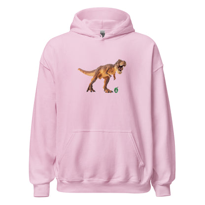 Women's light pink hoodie with a printed graphic of a life like dinosaur. Designed by Wizard Prints.