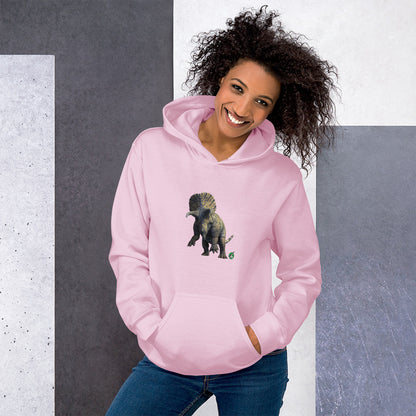 A woman standing wearing a light pink hoodie with a printed graphic of a life like dinosaur. Designed by Wizard Prints.