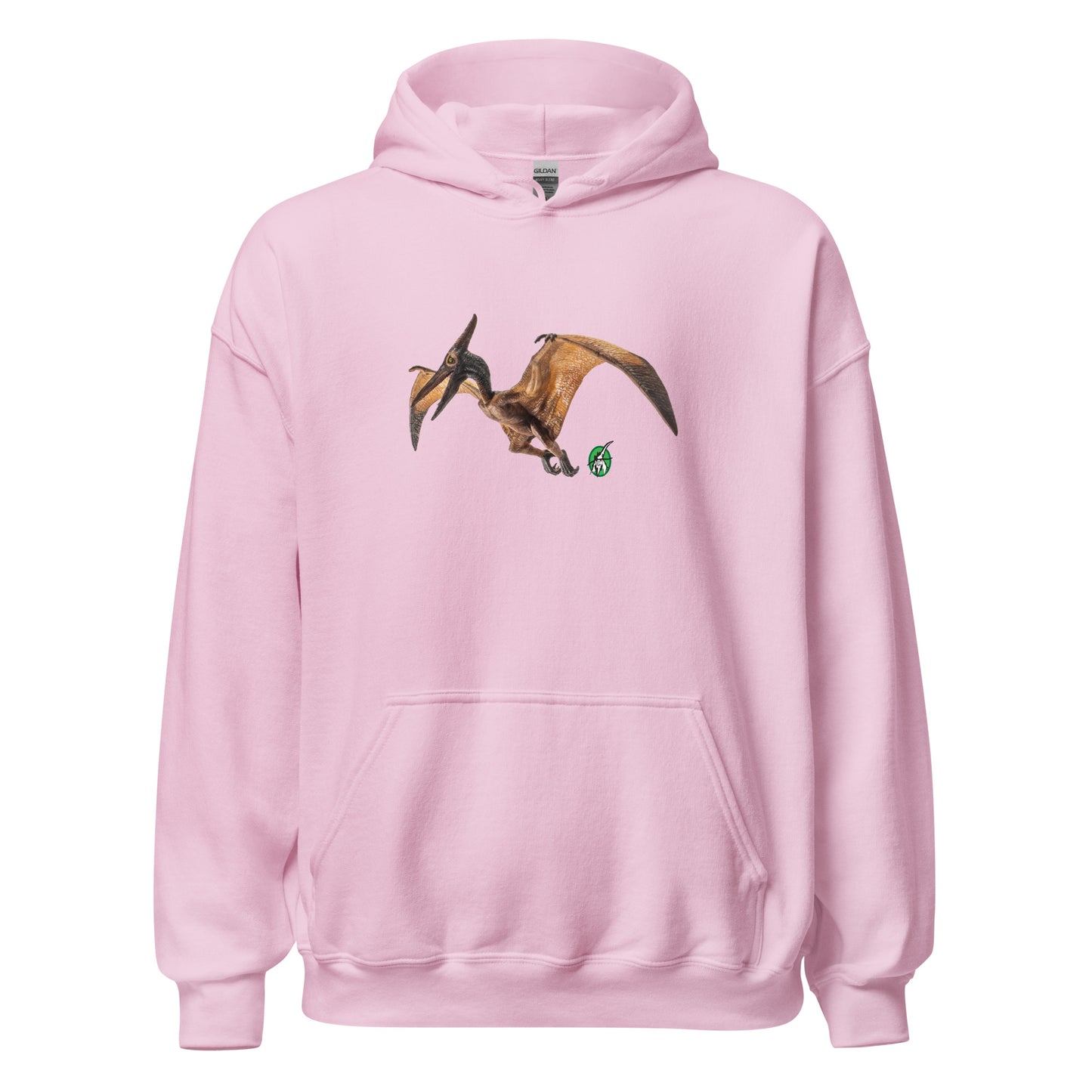 Women's light pink hoodie with a printed graphic of a life like pterodactyl dinosaur. Designed by Wizard Prints.