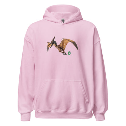 Women's light pink hoodie with a printed graphic of a life like pterodactyl dinosaur. Designed by Wizard Prints.