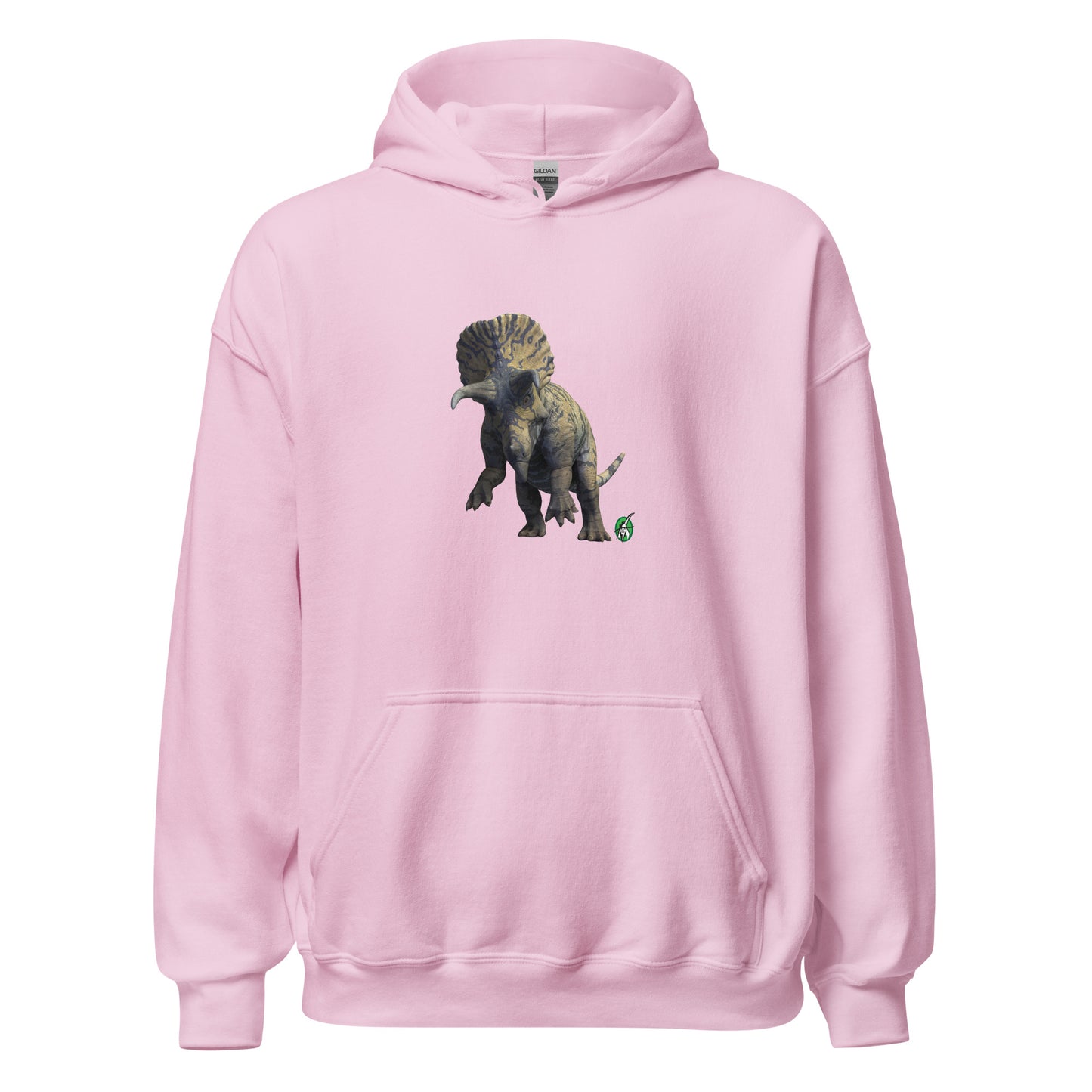 Women's light pink hoodie with a printed graphic of a life like dinosaur. Designed by Wizard Prints.