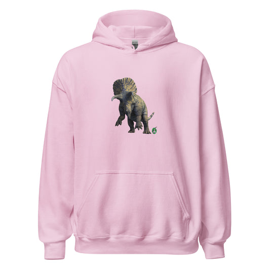 Women's light pink hoodie with a printed graphic of a life like dinosaur. Designed by Wizard Prints.
