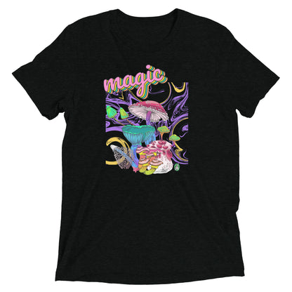 Women's festival graphic t-shirt in black from Wizard Prints Shop with the image of a magic mushroom garden