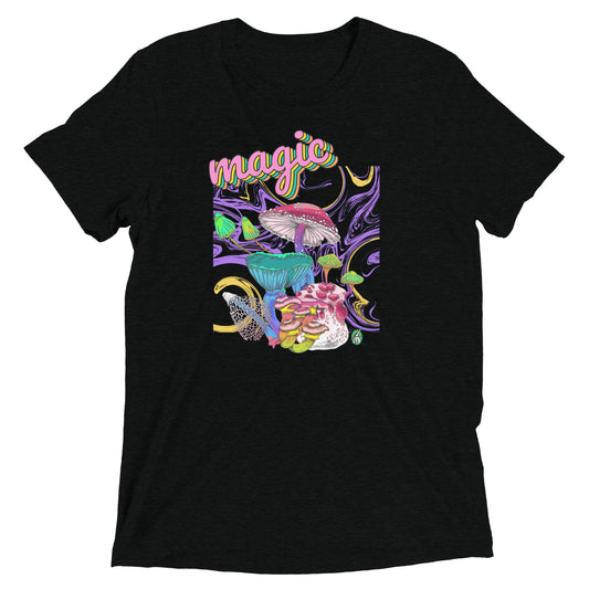 Women's festival graphic t-shirt in black from Wizard Prints Shop with the image of a magic mushroom garden