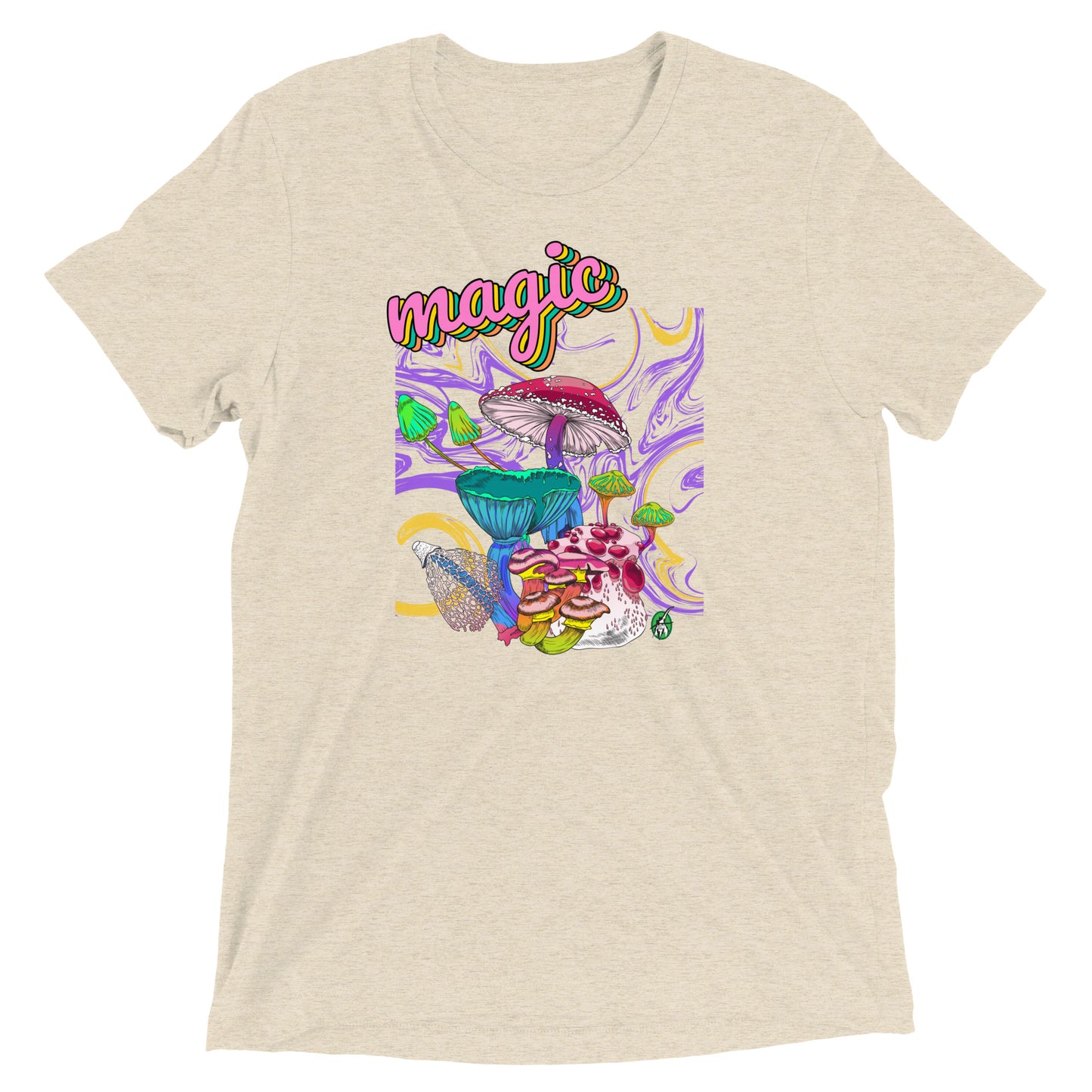 Women's festival graphic t-shirt in cream from Wizard Prints Shop with the image of a magic mushroom garden