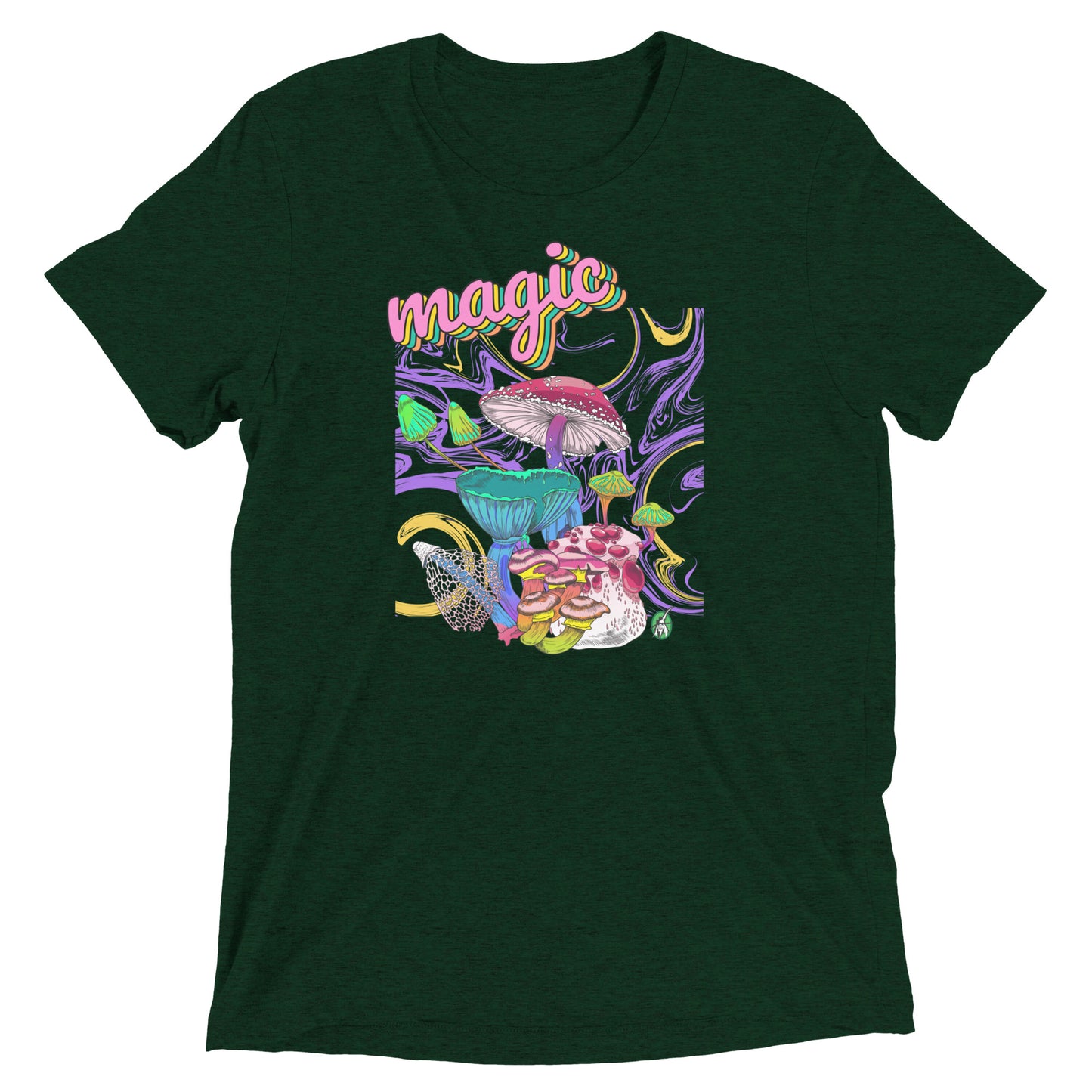 Women's festival graphic t-shirt in green from Wizard Prints Shop with the image of a magic mushroom garden