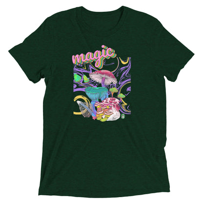 Women's festival graphic t-shirt in green from Wizard Prints Shop with the image of a magic mushroom garden
