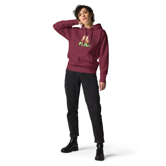 A woman standing wearing a maroon hoodie with a printed graphic of a cat with the words, 'FML!'. Designed by Wizard Prints