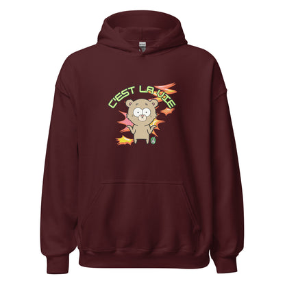 Women's maroon hoodie by Wizard Prints featuring a printed graphic of a shrugging cartoon bear and the words, C'est La Vie.