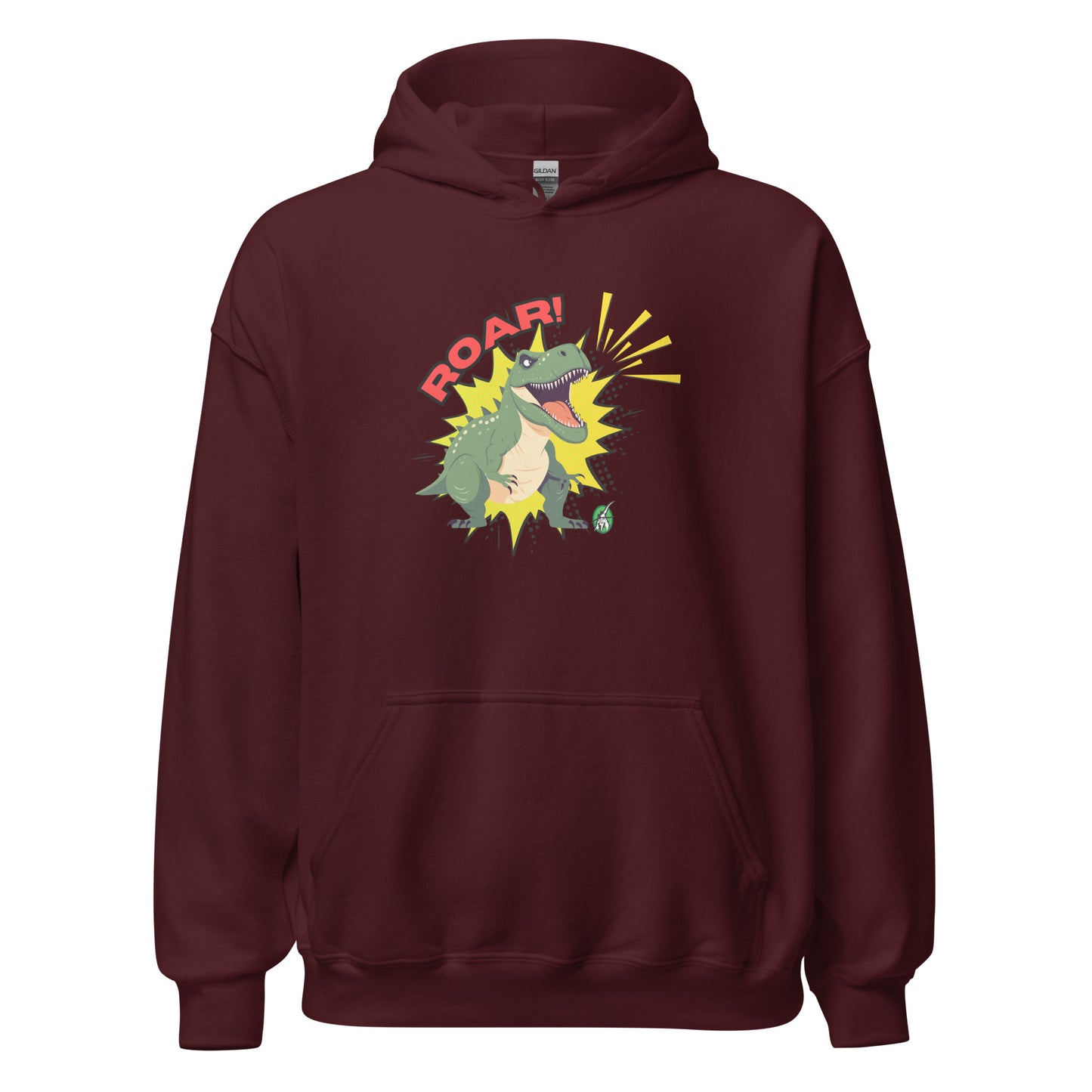 Women's maroon hoodie with a printed graphic of a green roaring cartoon dinosaur and the word Roar! Designed by Wizard Prints