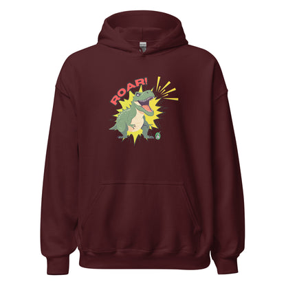 Women's maroon hoodie with a printed graphic of a green roaring cartoon dinosaur and the word Roar! Designed by Wizard Prints