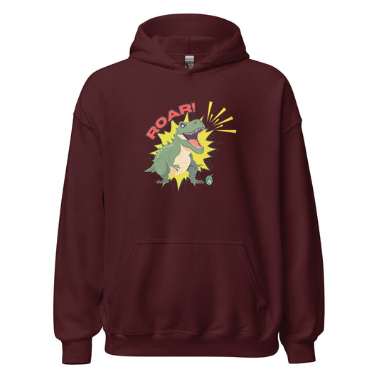 Women's maroon hoodie with a printed graphic of a green roaring cartoon dinosaur and the word Roar! Designed by Wizard Prints